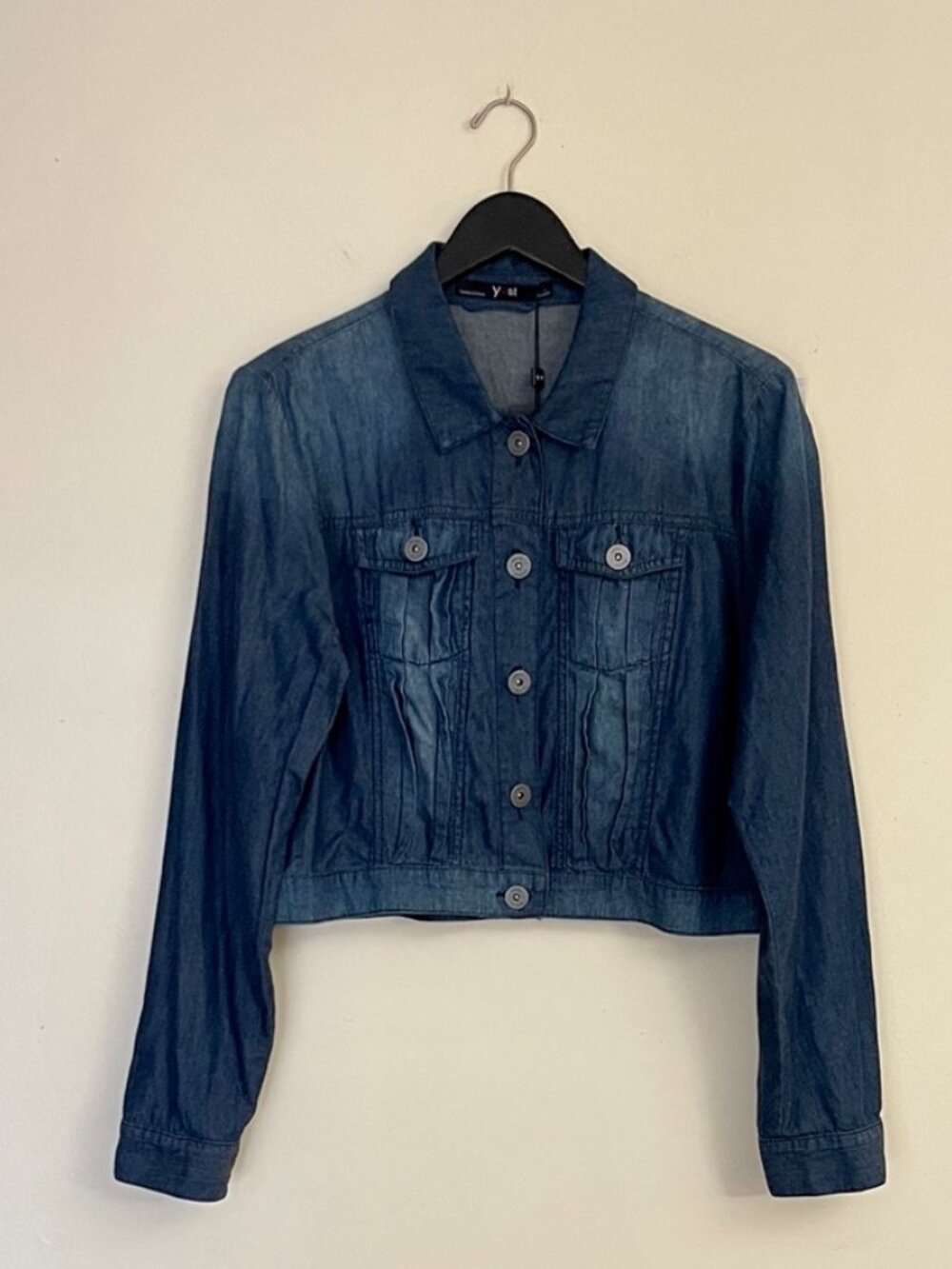 NWT Yest Cropped Denim Jacket Lightweight Dark Wash Chambray Pleated, XL